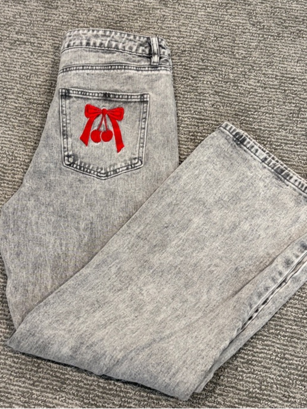 Ashley Mason Light Gray Straight Leg Jeans with Red Embroidered Cherry